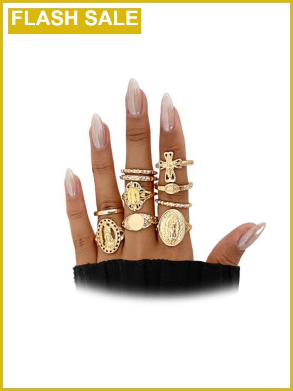 10pc Vintage Gold-Tone Stackable Cross Ring Set Boho Knuckle Midi Rings